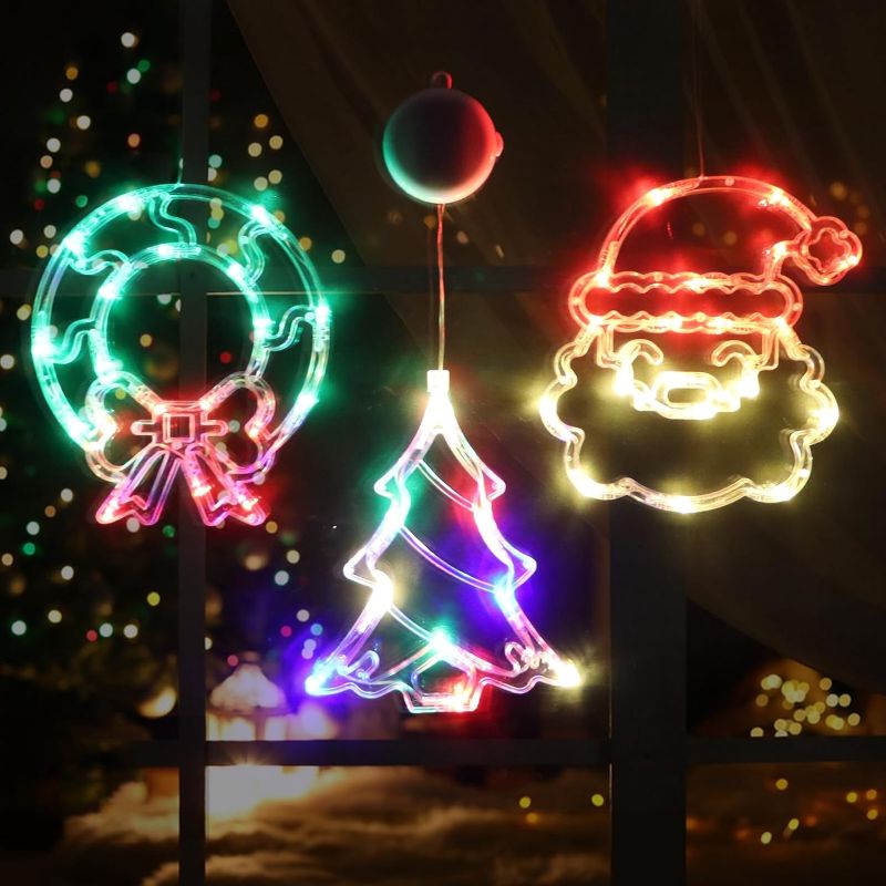 Photo 1 of 3 Pack Christmas Decorations,Christmas Window Lights Christmas Tree,Santa Claus,Wreath with Suction Cup Battery Operated Christmas Lights for Christmas...