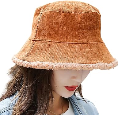 Photo 1 of Winter Warm Corduroy Bucket Hat Cashmere Reversible Fluffy Plush Thick Fisherman Cap Wind Protection Hat for Women Girl