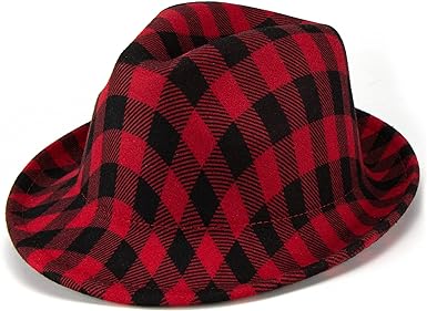 Photo 1 of Red-Black Plaid Fedora Hat for Womens&Men,Classic Red Checkered Manhattan Trilby Lady Short Brim Panama Jazz Hats