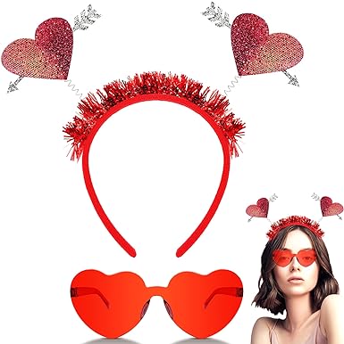 Photo 1 of on 5.0  7
2 PCS Valentine's Day Headband Sunglasses Love Heart Headwear Set Heart Shape Sunglasses Glitter Red Heart for Props Wedding Birthday Valentine Party Decoration Gift, Medium