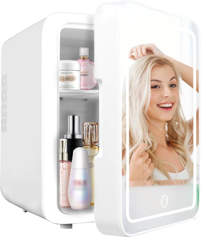 Photo 1 of Juturnas Mini Makeup Fridge,Skincare Fridge with Cooler or Warmer,AC/DC Powered,with LED Light Mirror,Mini Fridge for Bedroom,Cosmetics,Car,White 