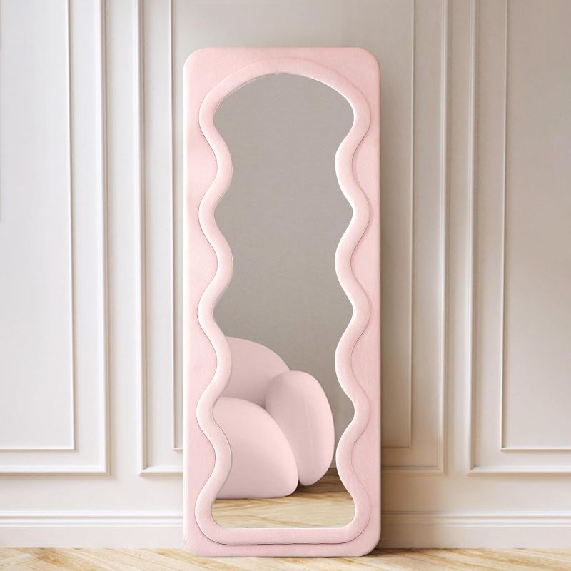 Photo 1 of Wavy Mirror Full Lenth, 63" x 24" Floor Mirror, Irregular Full Body Mirror for Bedroom, Living Room, Flannel Wrapped Wooden Frame
