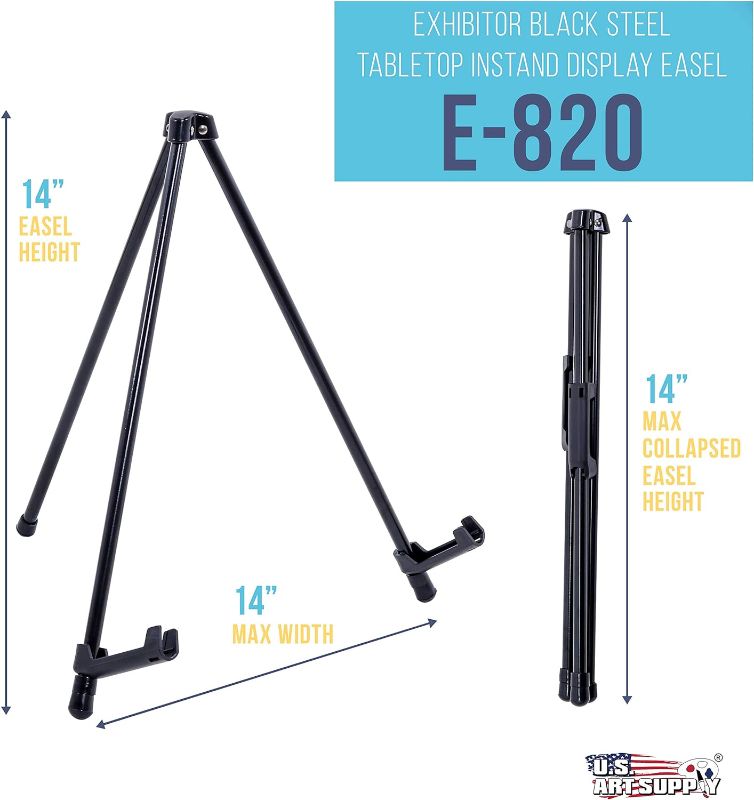 Photo 1 of U.S. Art Supply 14" High Exhibitor Black Steel Tabletop Instant Display Easel - Small Portable Tripod Stand, Adjustable Holders - Display Paintings, Framed Pictures, Event Signs, Posters, Holds 5 lbs