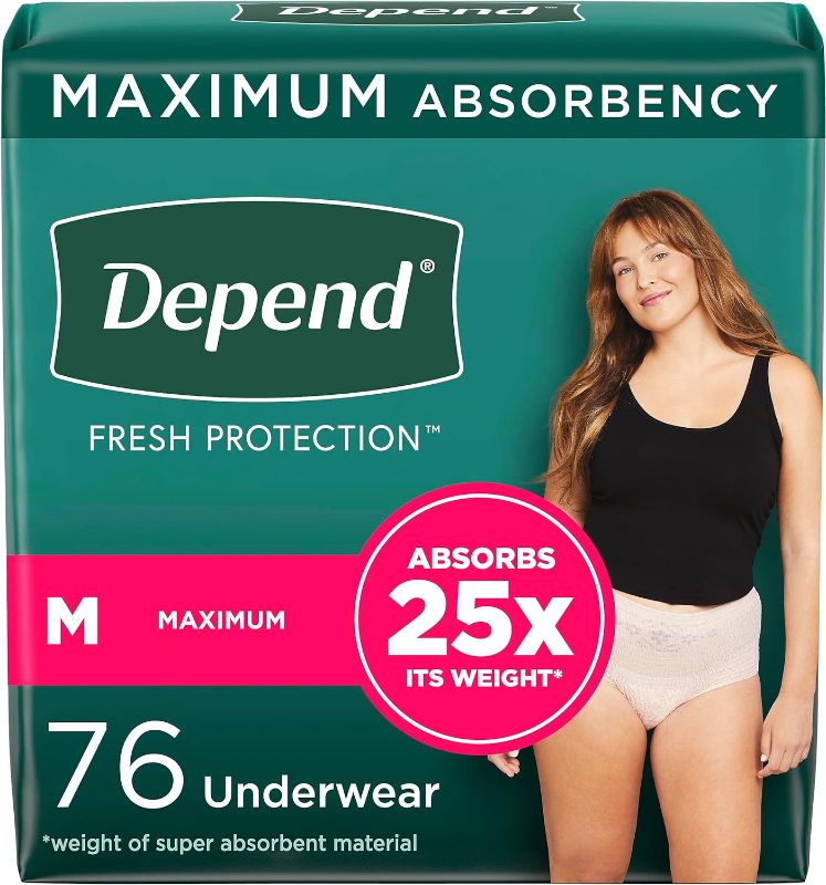 Photo 1 of Depend Fresh Protection Adult Incontinence Underwear for Women (Formerly Depend Fit-Flex), Disposable, Maximum, Medium, Blush, 76 Count (2 Packs of 38), Packaging May Vary
