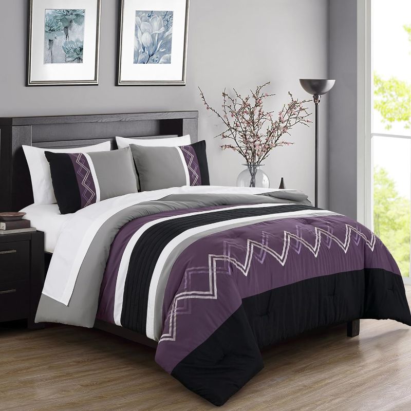 Photo 1 of Chezmoi Collection Arden 7-Piece Modern Pleated Stripe Embroidered Zigzag Bedding Comforter Set (King, Purple/Black/Gray/White) King Purple/Black/Gray/White