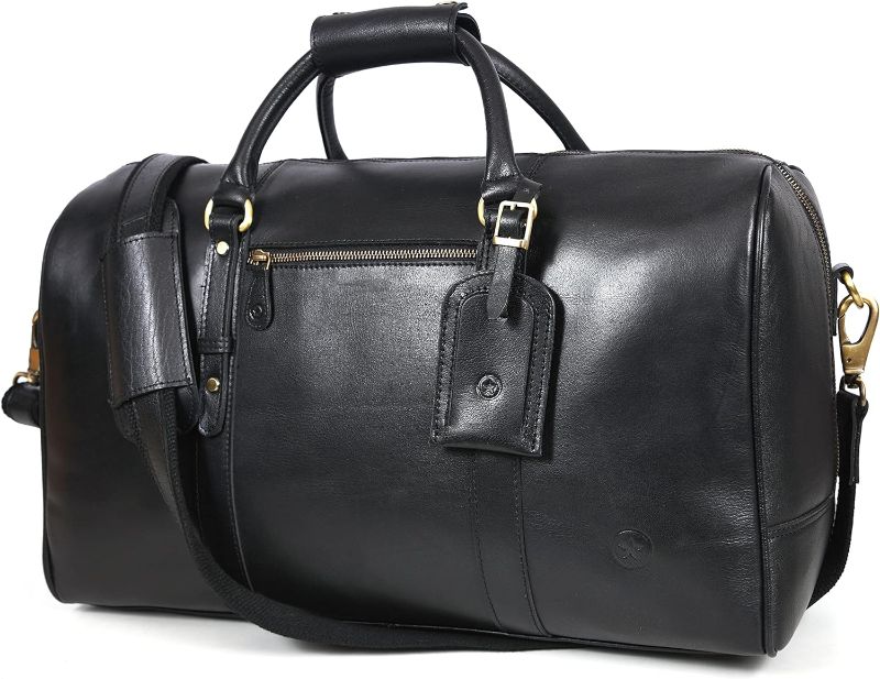 Photo 1 of Leather Travel Duffel Bag | Gym Sports Bag Airplane Luggage Carry-On Bag | Gift for Father's Day By Aaron Leather Goods (Sulfur Black)