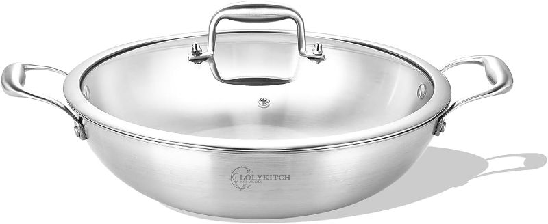 Photo 1 of 13 Inch Tri-Ply Stainless Steel Wok Pan with Lid,Deep Frying Pan,Saute Pan,Jumbo Cooker,Induction Cookware,Dishwasher and Oven Safe.