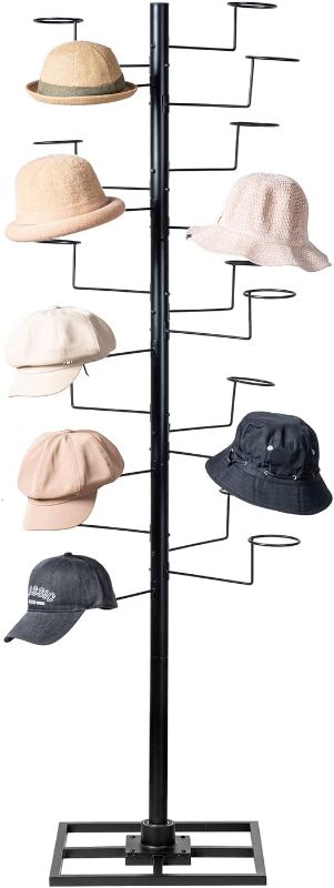 Photo 1 of MyGift 6 Foot Modern Freestanding Black Metal Hat Organizer Rack, 360 Degree Rotating Wig or Cowboy Hat Display Stand with 20 Customizable Circular Hooks