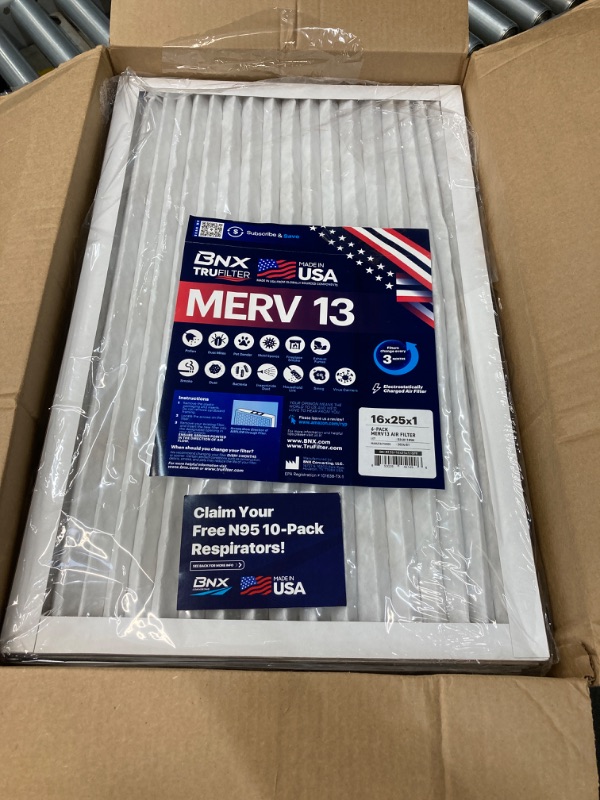 Photo 2 of BNX TruFilter 16x25x1 MERV 13 (6-Pack) AC Furnace Air Filter - MADE IN USA - Electrostatic Pleated Air Conditioner HVAC AC Furnace Filters - Removes Pollen, Mold, Bacteria, Smoke (Actual Size: 15 11/16’’ x 24 11/16’’ x 3/4‘’) 16x25x1 6-Pack