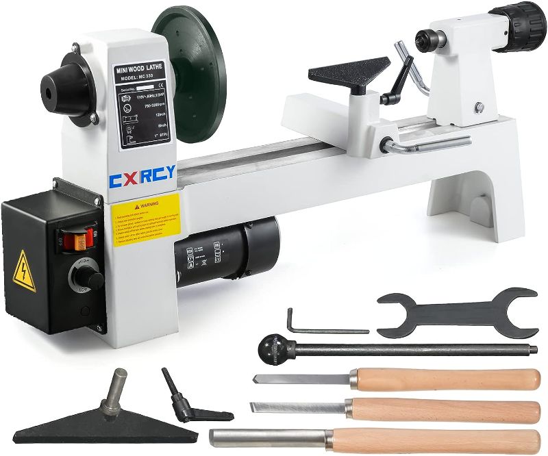 Photo 1 of 8" x 12" Wood Lathe, Mini Benchtop Wood Lathe Machine1/3 HP Infinitely Variable Speed 750-3200 RPM with 3 Chisels for Woodworking, Woodturning