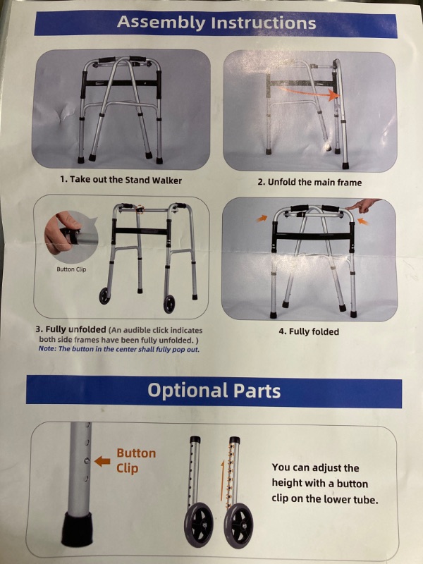 Photo 2 of Walkers for Seniors Foldable - Compact Folding Walker with 2 Wheels, 8 Height Adjustable Aluminum Walkers, Stable Stand Up Walkers for Seniors Elderly, Adult Walker Supports up to 420 Lbs