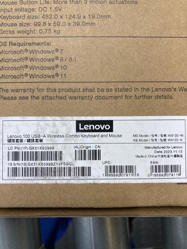 Photo 4 of Lenovo 100 Wireless Keyboard and Mouse Combo – Cordless Set with Spill Resistant Quiet Keys – 3-Zone Keyboard - Ambidextrous Mouse – Compact Design – Wireless USB -Black