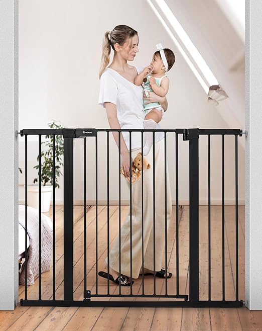 Photo 1 of COMOMY. Extra Tall Baby Gate for Stairs Doorways, Fits Openings 29.5" to 43.8" Wide, Auto Close Extra Wide Dog Gate for House, Pressure Mounted Easy Walk Through Pet Gate with Door, Black
