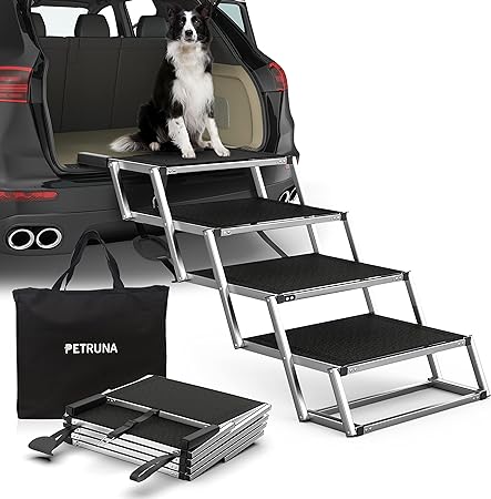 Photo 1 of Extra Wide Dog Ramps for Large Dogs, Dog Ramp for Car with Non-Slip Surface, Aluminum Foldable Dog Steps Portable Dog Stairs for Cars SUV, High Beds & Trucks, Supports up to 250 lbs, 4 Steps