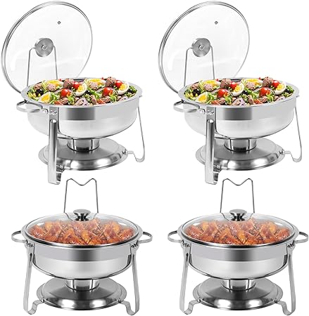 Photo 1 of 4 Packs Chafing Dish Buffet Set, 4 QT Stainless Steel Round Chafing Dishes with Glass Lid & Lid Holder, Catering Food Warmers for Parties Buffet Weddings Events