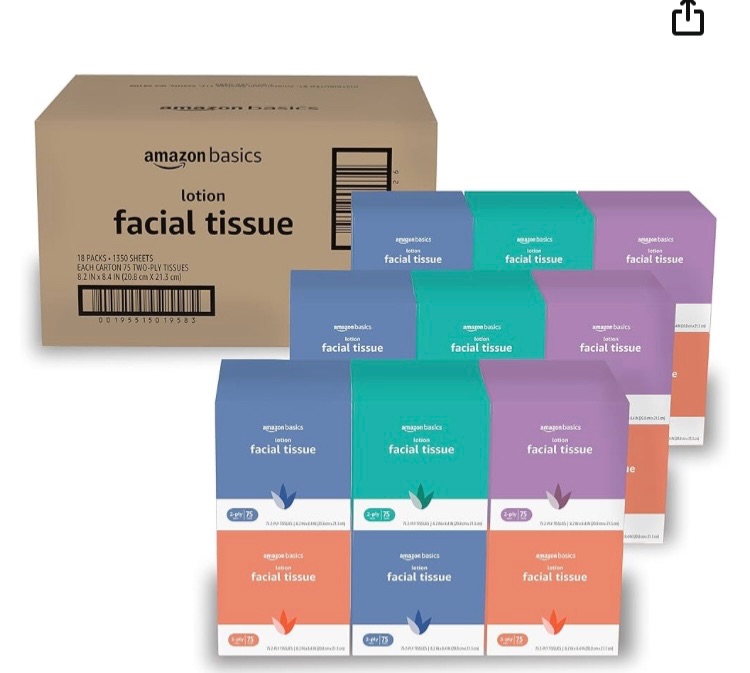 Photo 1 of Amazon Basics Facial Tissue with Lotion, 2-Ply, 1350 Count (18 Packs of 75) (Previously Solimo)