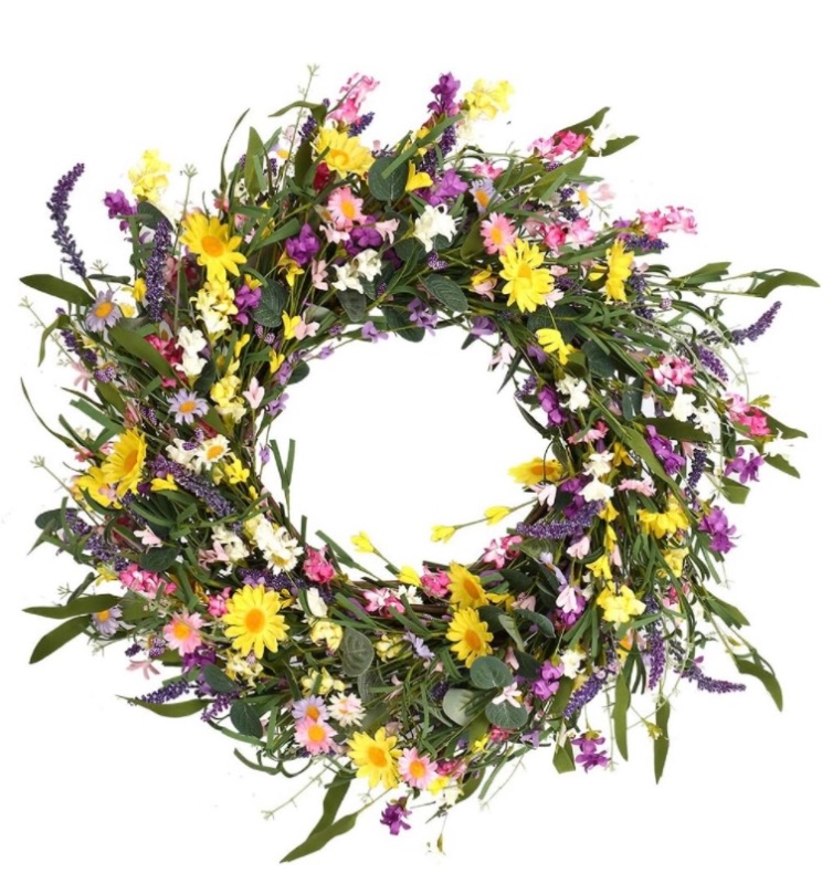 Photo 1 of J'FLORU Spring Wreath,24" Spring Wreaths for Front Door Artificial Summer Flower Wreath with Daisy and Lavender for Indoor Outdoor and Easter Celebration