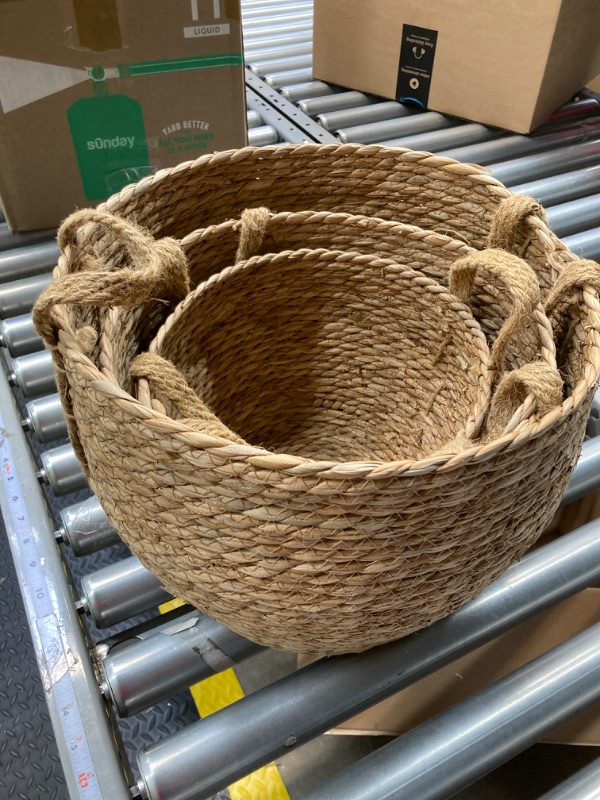 Photo 2 of 3 Pcs Woven Storage Baskets with Handles Round Baskets Woven Organizer Baskets Decorative Rope Basket Bin for Living Room Bathroom Laundry Toys Storage Nursery, 3 Size (Jute Grass, Rustic)