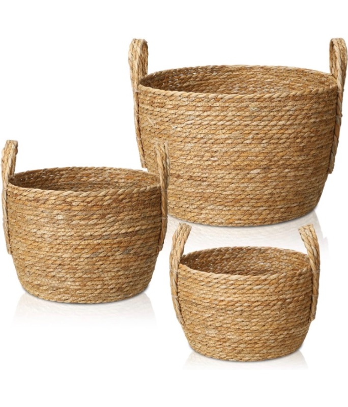 Photo 1 of 3 Pcs Woven Storage Baskets with Handles Round Baskets Woven Organizer Baskets Decorative Rope Basket Bin for Living Room Bathroom Laundry Toys Storage Nursery, 3 Size (Jute Grass, Rustic)