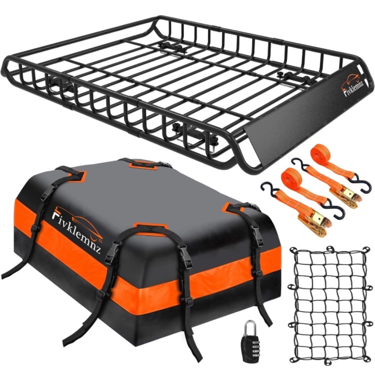 Photo 1 of .3 4.3 out of 5 stars 7,273
FIVKLEMNZ Car Roof Rack Cargo Carrier Roof Bag Waterproof for All Top of Vehicle with/Without Rack Includes Topper Anti-Slip Mat+Reinforced Straps+6 Door Hooks+Luggage Lock(15 Cubic Feet with Basket)