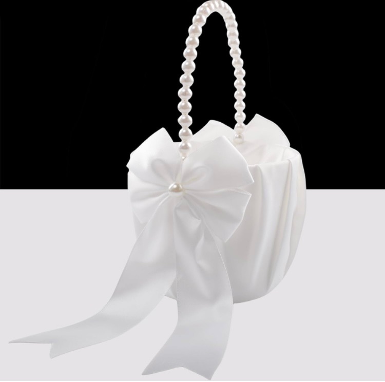 Photo 1 of Flower Girl Basket for Wedding with Pearl Handle (Ivory - Bowknot)