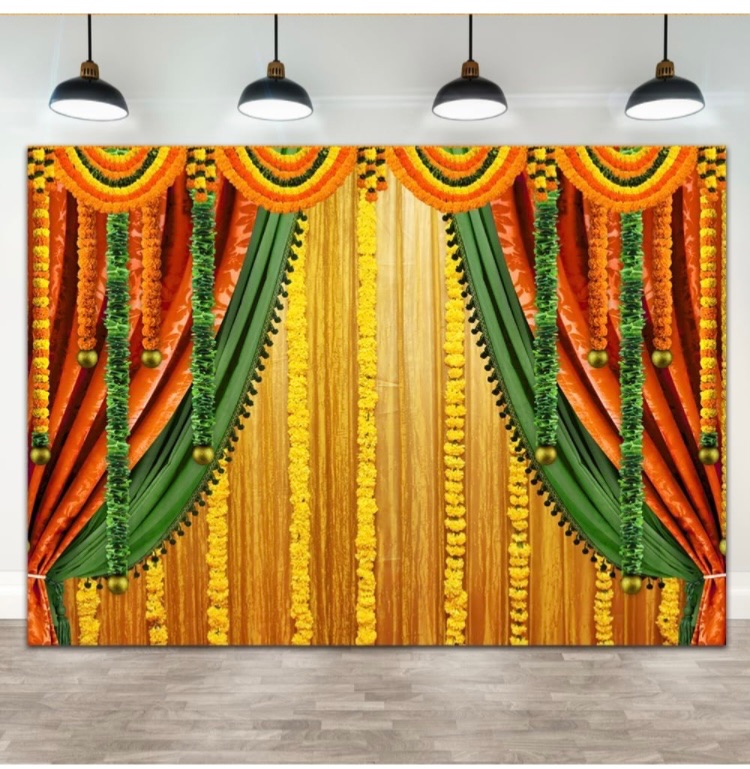 Photo 1 of Lofaris India Pooja Photography Backdrop Puja Ganpati Pooja Traditional Mehndi Festival Background Diwali Decorations Wedding Party Marigold Garlands Photo Props 7x5ft