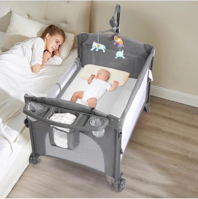 Photo 1 of 5 in 1 Baby Crib,Bedside Sleeper,Baby Bassinet, Bedside Cribs with Mattress, Foldable Baby Playard, Portable Travel Crib for Girl Boy Infant Newborn (Grey)