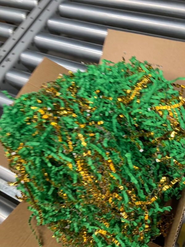 Photo 2 of Crinkle Paper Shred with METALLIC GOLD Trim for Packaging Filler 2-Ounce Bag (GREEN & GOLD)