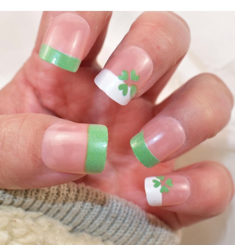 Photo 1 of St. Patrick's Day Press on Nails Short Square Nude French Tip Fake Nails 24 Pcs Green Four Leaf Design Artificial False Nails