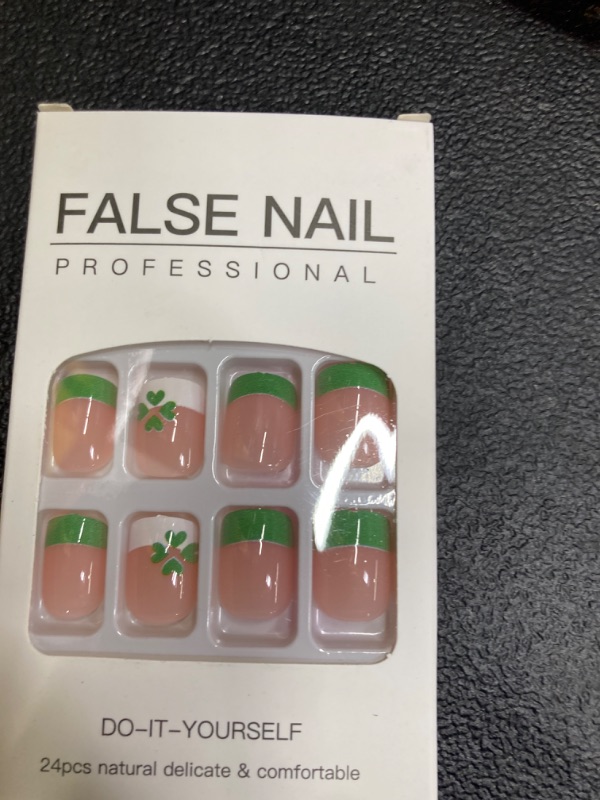 Photo 2 of St. Patrick's Day Press on Nails Short Square Nude French Tip Fake Nails 24 Pcs Green Four Leaf Design Artificial False Nails