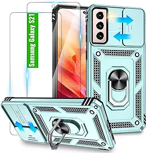 Photo 1 of for Samsung Galaxy S21 Case with Camera Lens Cover and 2 Pcs HD Screen Protector, Military Grade Drop Protection Build in 360° Magnetic Ring Holder Phone Case for Galaxy S21, Dark Green