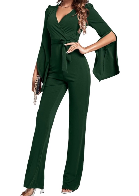 Photo 1 of LYANER Women's Split Long Sleeve Wrap Deep V Neck Tie Waist Jumpsuit Long Pants Romper, SMALL