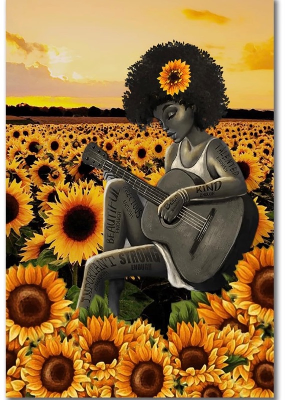 Photo 1 of Black girl wall art- Sunflower wall art-African American Sunflower Canvas for Living Room Bedroom - Inspirational Black art wall decor for living room