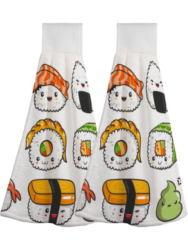 Photo 1 of 2 Pcs Hanging Kitchen Towels Sushi Rolls Cartoon Style. Absorbent Hand Towels,Microfiber Hanging Tie Towel Loops for Bathroom Farmhouse Washcloth