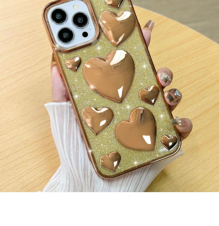 Photo 1 of Phone Case for iPhone 13 Pro Max, Cute Electroplated Love Heart 3D Clear with Gradient Glitter Bling Card Camera Protection Anti-Scratch Soft TPU Phone Cover for Women Girls - Gold