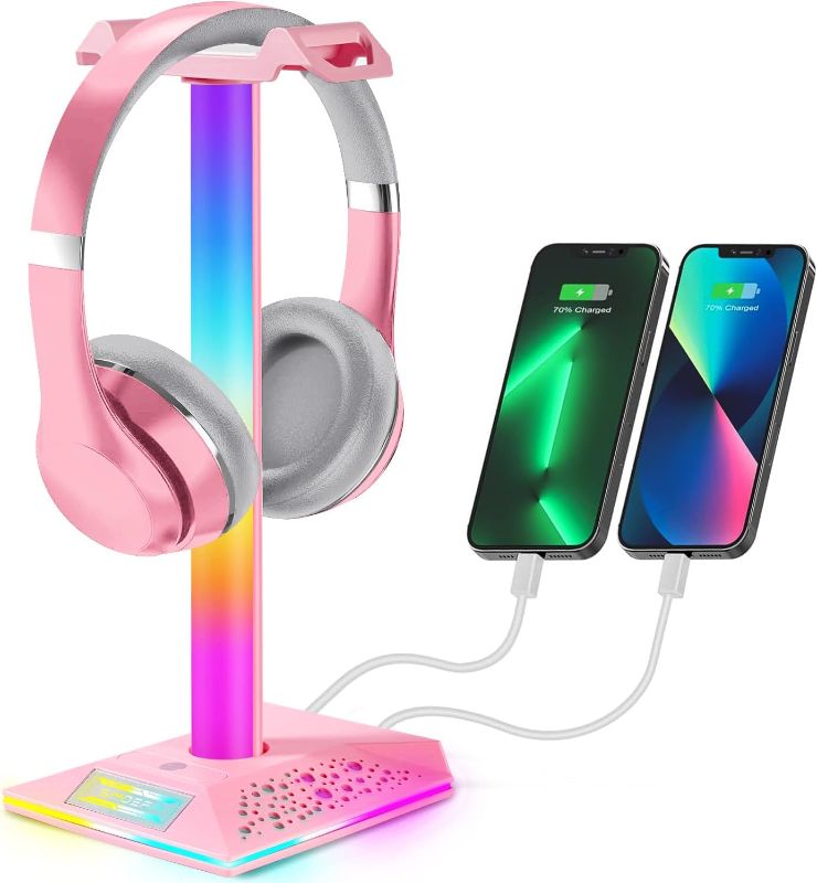 Photo 1 of Upgraded RGB Gaming Headphones Stand, Headset Stand with 3.5mm AUX and 2 USB Charging Ports, Headphone Holder with 10 Light Modes and Memory Feature for Gamers PC Earphone Accessories Desk