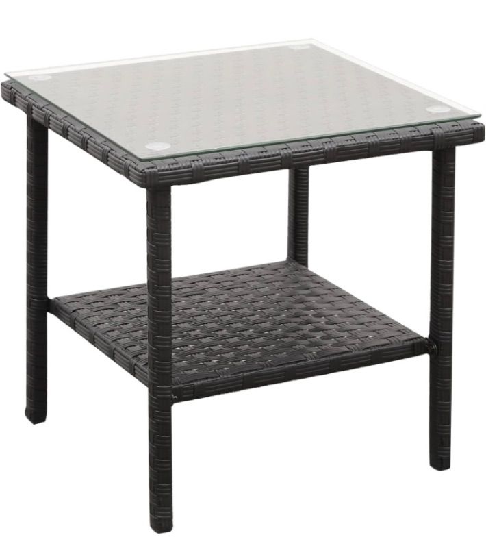 Photo 1 of Rattaner Outdoor PE Wicker Rattan Side Table - Patio Rattan Garden Coffee End Square Table with Glass Top-2-layer Table Furniture, Black