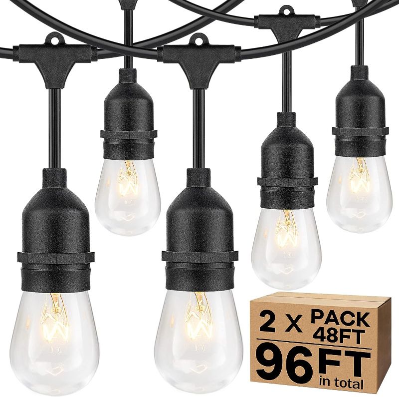 Photo 1 of 2-Pack 96FT Outdoor String Lights with Dimmable 11W Edison Vintage Bulbs, Waterproof Commercial Grade Patio Hanging Lights for Cafe Pergola Backyard Bistro Wedding, 2700K Warm White, Black 48FT/String