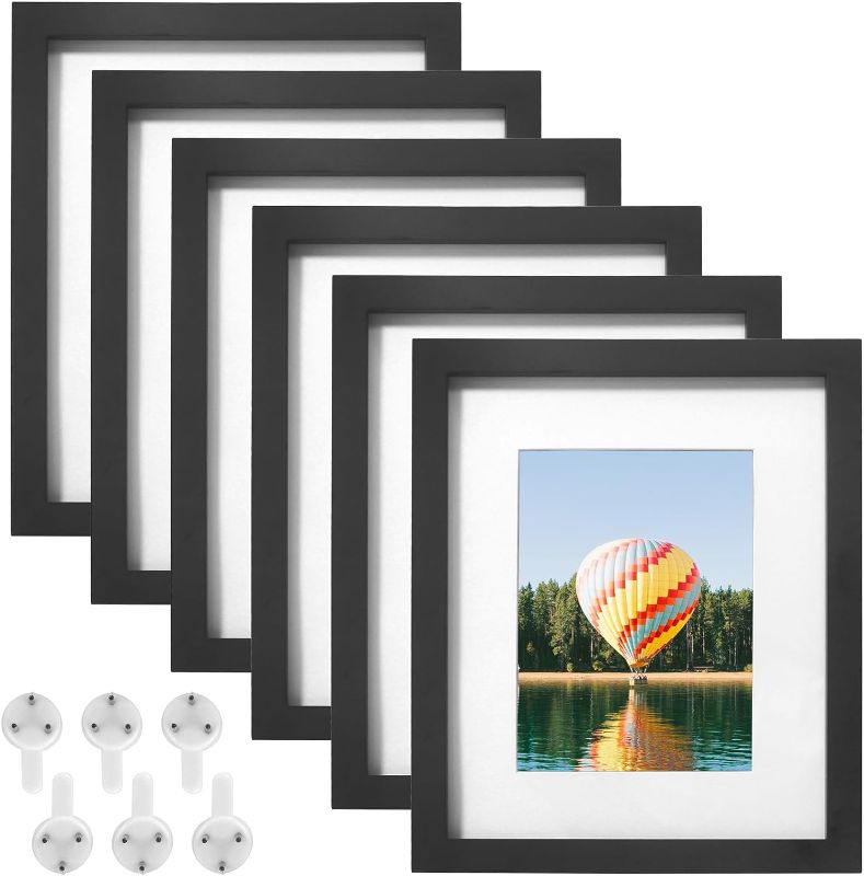 Photo 1 of 8x10 Picture Frame Set of 6, Solid Oak Wood Display 5x7 with Mat or 8x10 Without Mat for Photos Wall, Tabletop or Gallery Covered by Plexiglass(Black, 8x10)