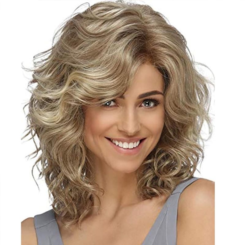 Photo 1 of Aisaide Short Ombre Blonde Curly Wavy Bob Wigs for Women Ombre Brown Curly Bob Wig Highlight Brown Layered Wavy Wigs with Dark Roots Fluffy Hair Natural Synthetic Shoulder Length Wig for Daily