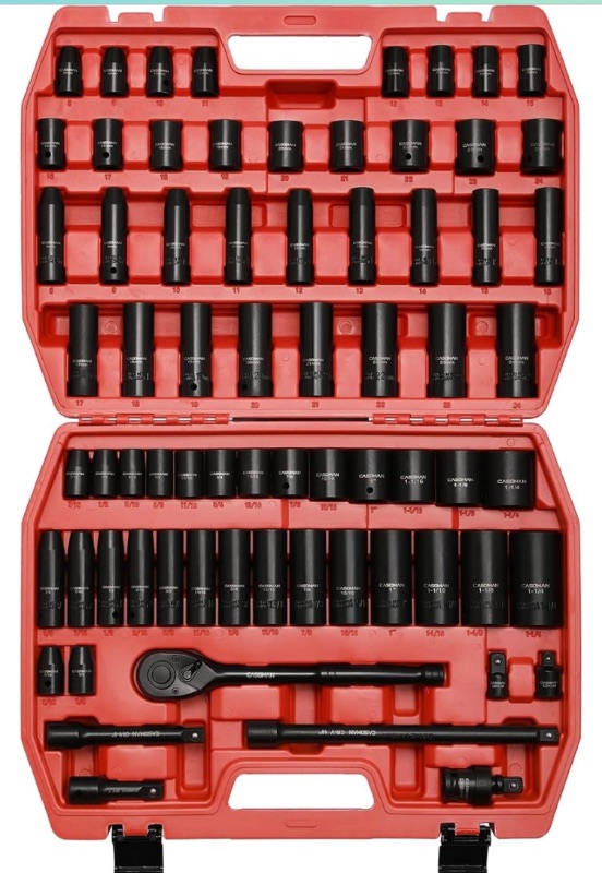 Photo 1 of CASOMAN 1/2-inch 70 Pieces Impact Socket Master Set, SAE & Metric from 5/16"-1-1/4",8-24mm, Shallow/Deep Socket with Ratched Hand, Extension Bar and Adapters