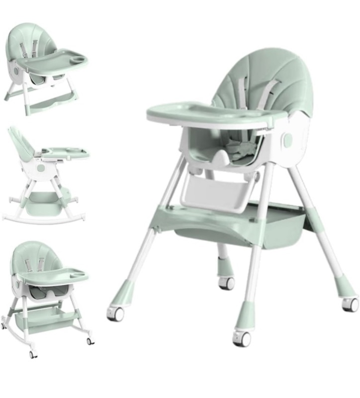 Photo 1 of Baby High Chair, 5 in 1 High Chairs for Babies and Toddlers, Travel Foldable High Chair with Foot Rest, Detachable PU Cushion, Double Removable Tray, Adjustable Height & Recline, Locking Wheels