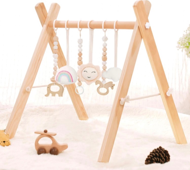 Photo 1 of HAN-MM Wooden Baby Gym with 6 Wooden Baby Toys Foldable Baby Play Gym Frame Activity Gym Hanging Bar Newborn Gift Baby Girl and Boy Gym (Natural Color)