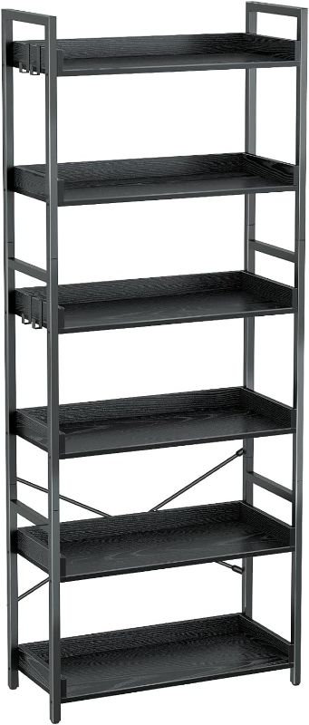 Photo 1 of  Bookshelf 6 Tier with 4 Hooks, Industrial Bookcase, Vintage Storage Rack with Open Shelves, Rustic Standing Bookshelves Metal Frame Display Rack...