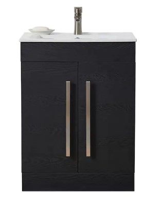 Photo 1 of 24 in. W x 16 in. D x32 in. H 2 Doors Bathroom Vanity in Black with White Ceramic Sink