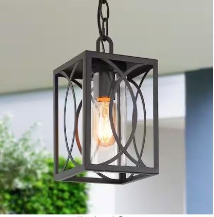 Photo 1 of 
Modern Farmhouse Cage Outdoor Hanging Light 1-Light Black Lantern Outdoor Pendant Light with Clear Glass Shade