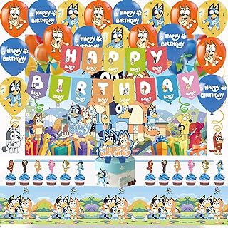 Photo 1 of Blue Birthday Party Supplies, Blue Dog Party Decorations Pack Includes Party Backdrop,Banner,Swirls,Cake Topper,Cupcake Topper, Latex Balloons, Tablecloth
