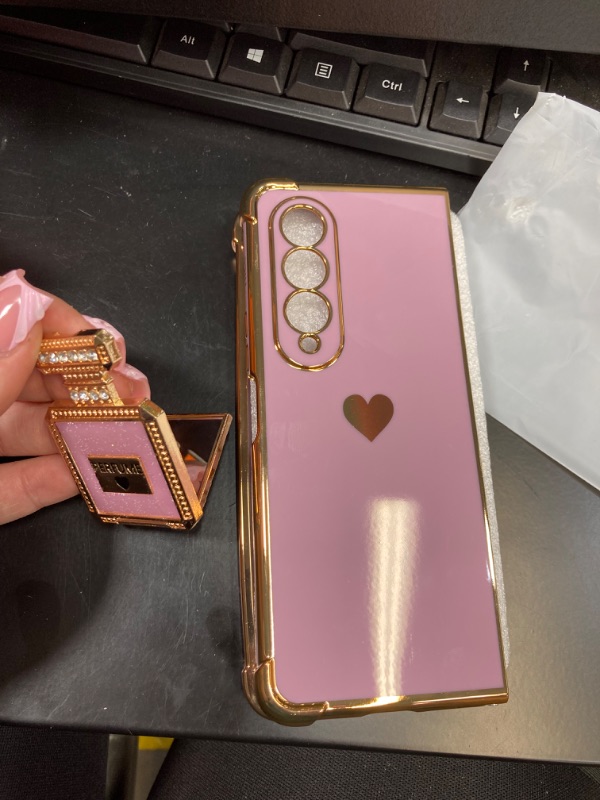 Photo 2 of Buleens for Samsung Galaxy Z Fold 4 Case with Metal Perfume Bottle Mirror Stand, Cute Women Girly Heart Z Fold 4 Cases, Elegant Phone Cover for Galaxy Z Fold 4 7.6'' Deep Purple