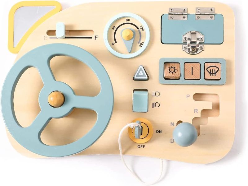 Photo 1 of TEUVO Montessori Toy Steering Wheel Wooden Busy Board Wooden Sensory Toys for Toddlers, Dashboard Board 3 Preschool Learning Activities for Fine Motor Skills Travel, Gifts for Kids Aged 3 4 5 6 7
