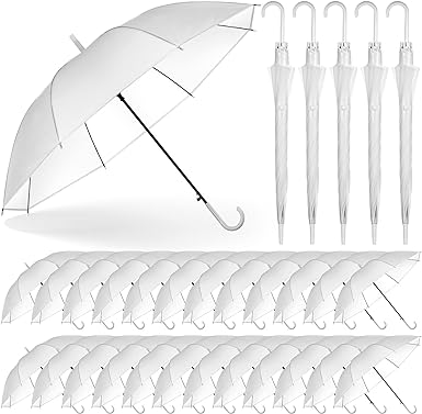 Photo 1 of 30 Pieces Wedding Umbrellas Bulk Auto Open Stick Umbrellas with White European J Hook Handle Windproof Large Canopy Umbrella for Outdoor Wedding Bride Groom Photography Golf